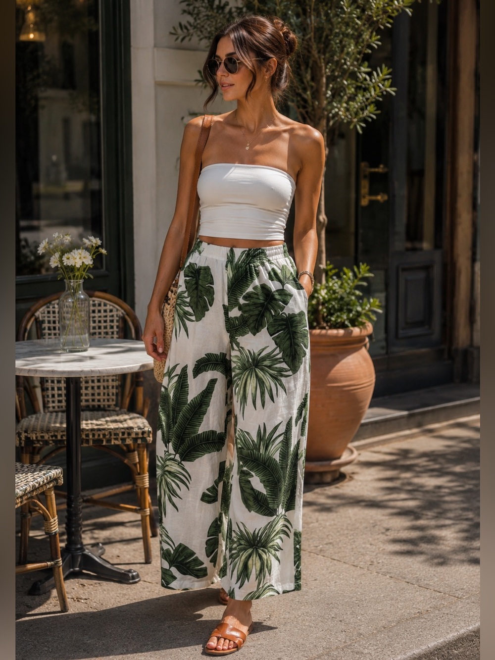 Tropical Leaf Wide-Leg Pants — White & Green